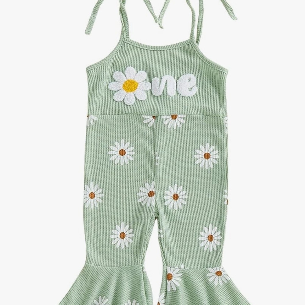 Green Daisy Print Bell Bottom Jumpsuit
